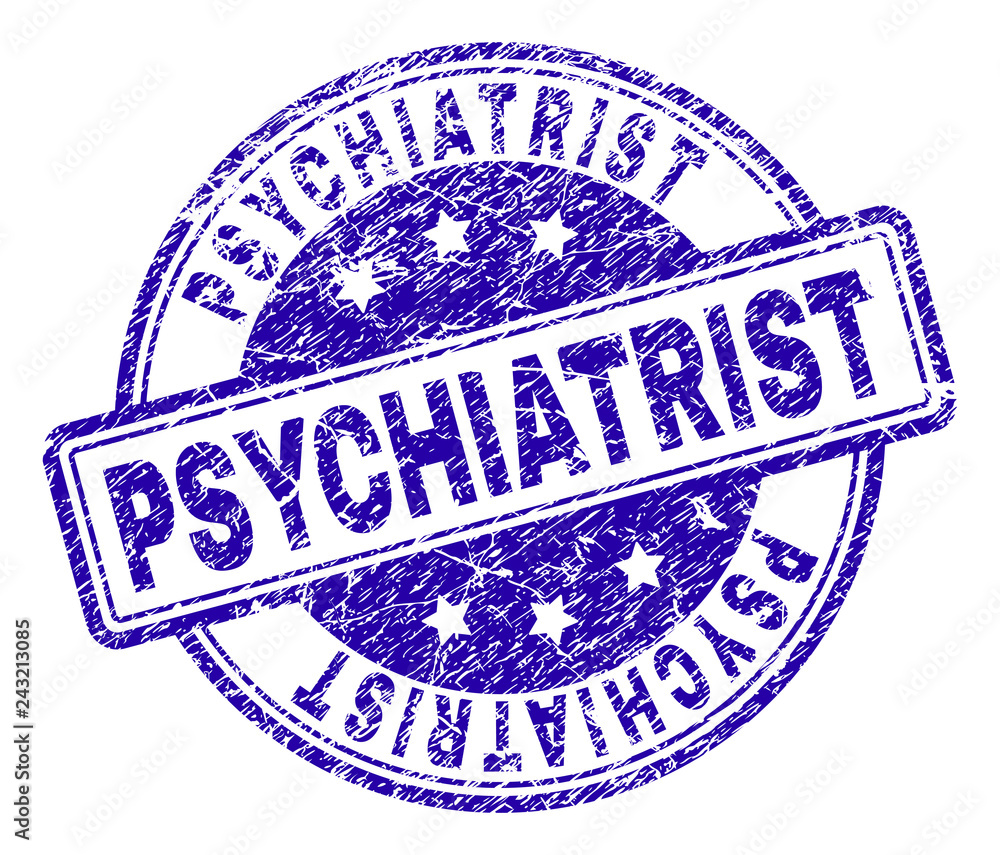 PSYCHIATRIST stamp seal watermark with grunge effect. Designed with rounded rectangles and circles. Blue vector rubber print of PSYCHIATRIST title with grunge texture. PSYCHIATRIST stamp seal watermark with grunge effect. Designed with rounded rectangles and circles. Blue vector rubber print of PSYCHIATRIST title with grunge texture.
