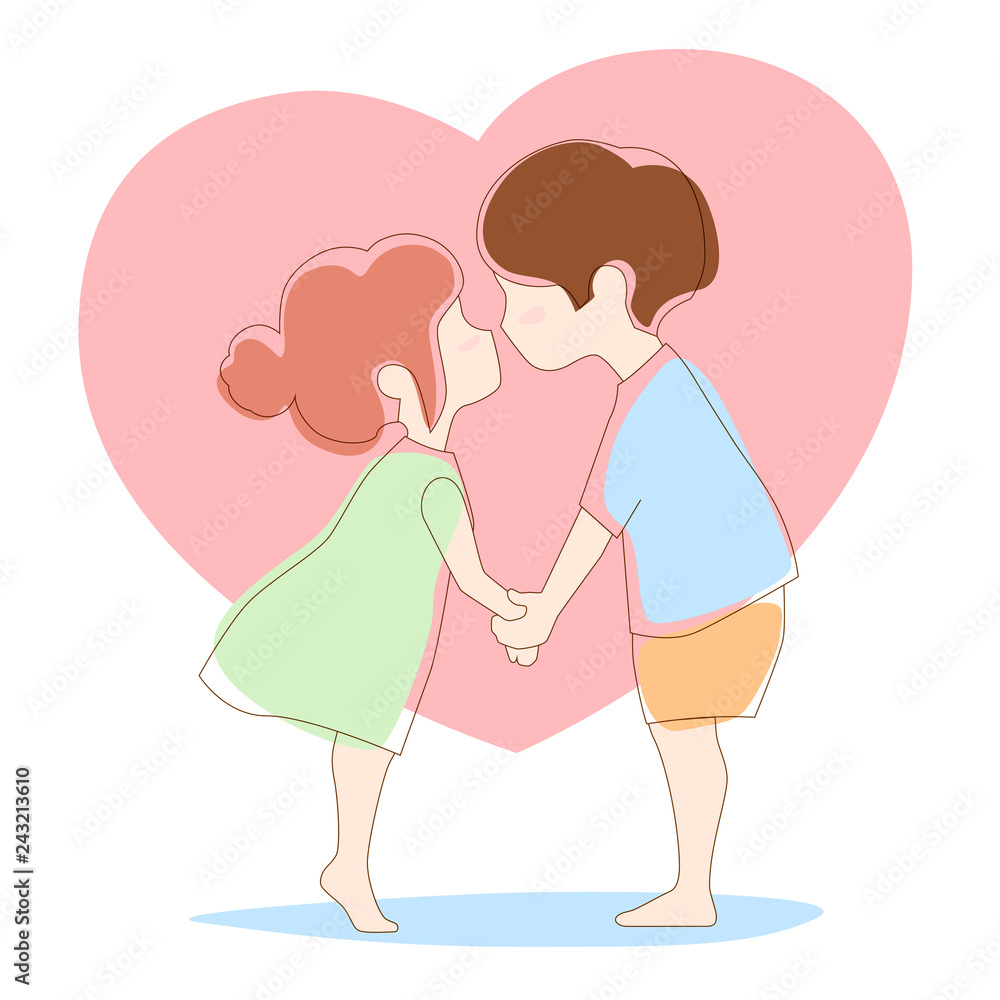 Kissing girl and boy against heart. Cute cartoon valentine's day Kissing girl and boy against heart. Cute cartoon valentine's day
