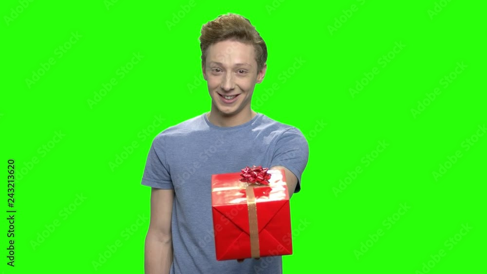 Caucasian boy giving box gift. Birthday congratulation. Green screen hromakey background for keying. Caucasian boy giving box gift. Birthday congratulation. Green screen hromakey background for keying.
