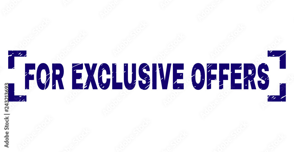 FOR EXCLUSIVE OFFERS text seal print with distress effect. Text tag is placed between corners. Blue vector rubber print of FOR EXCLUSIVE OFFERS with dirty texture. FOR EXCLUSIVE OFFERS text seal print with distress effect. Text tag is placed between corners. Blue vector rubber print of FOR EXCLUSIVE OFFERS with dirty texture.