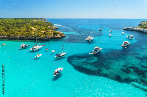 Fototapeta Naklejka Na Ścianę i Meble -  Aerial view of boats, luxury yachts, green trees and transparent sea in sunny bright day in Mallorca, Spain. Summer landscape with bay, azure water, beach, blue sky. Balearic islands. Top view. Travel