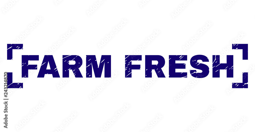FARM FRESH text seal watermark with grunge texture. Text caption is placed inside corners. Blue vector rubber print of FARM FRESH with grunge texture.