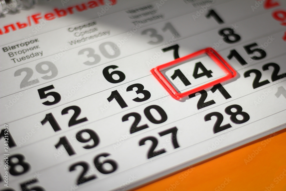 calendar with red mark on 14 February. Valentine's day concept
