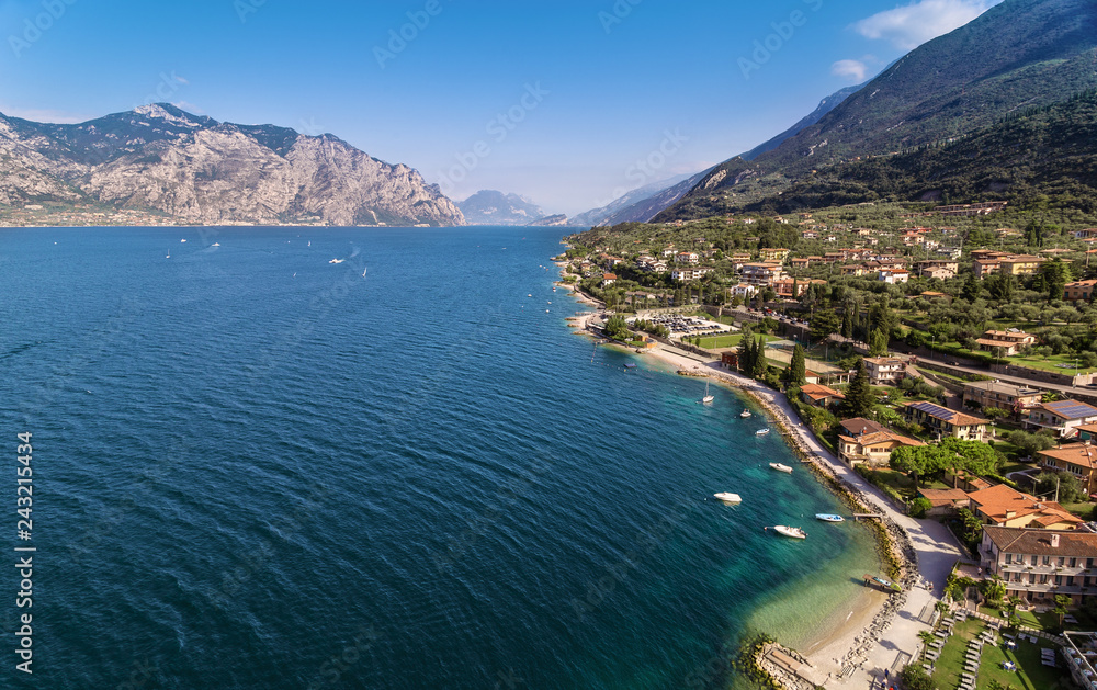 View of the Malcesine town and lake Garda from the top of Scaliger Castle, Italy