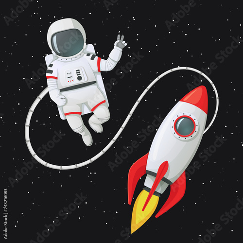 Astronaut making peace sign tethered to the rocket ship with stars in the background.