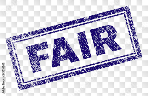 FAIR stamp seal imprint with rubber print style and double framed rectangle shape. Stamp is placed on a transparent background. Blue vector rubber print of FAIR tag with dirty texture.
