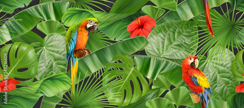 Jungle leaves and parrots, seamless pattern. 3d vector realistic background