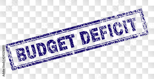 BUDGET DEFICIT stamp seal watermark with rubber print style and double framed rectangle shape. Stamp is placed on a transparent background.