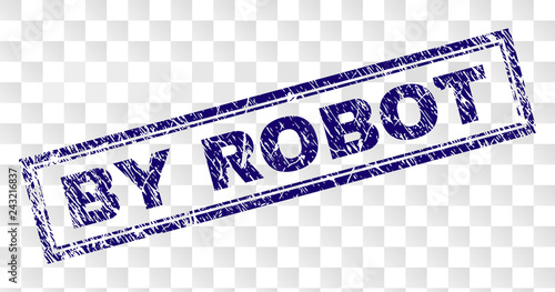 BY ROBOT stamp seal print with rubber print style and double framed rectangle shape. Stamp is placed on a transparent background. Blue vector rubber print of BY ROBOT text with dirty texture.