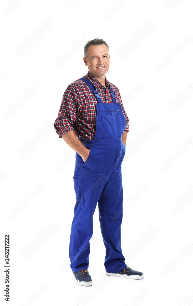 Fototapeta premium Full length portrait of electrician wearing uniform on white background
