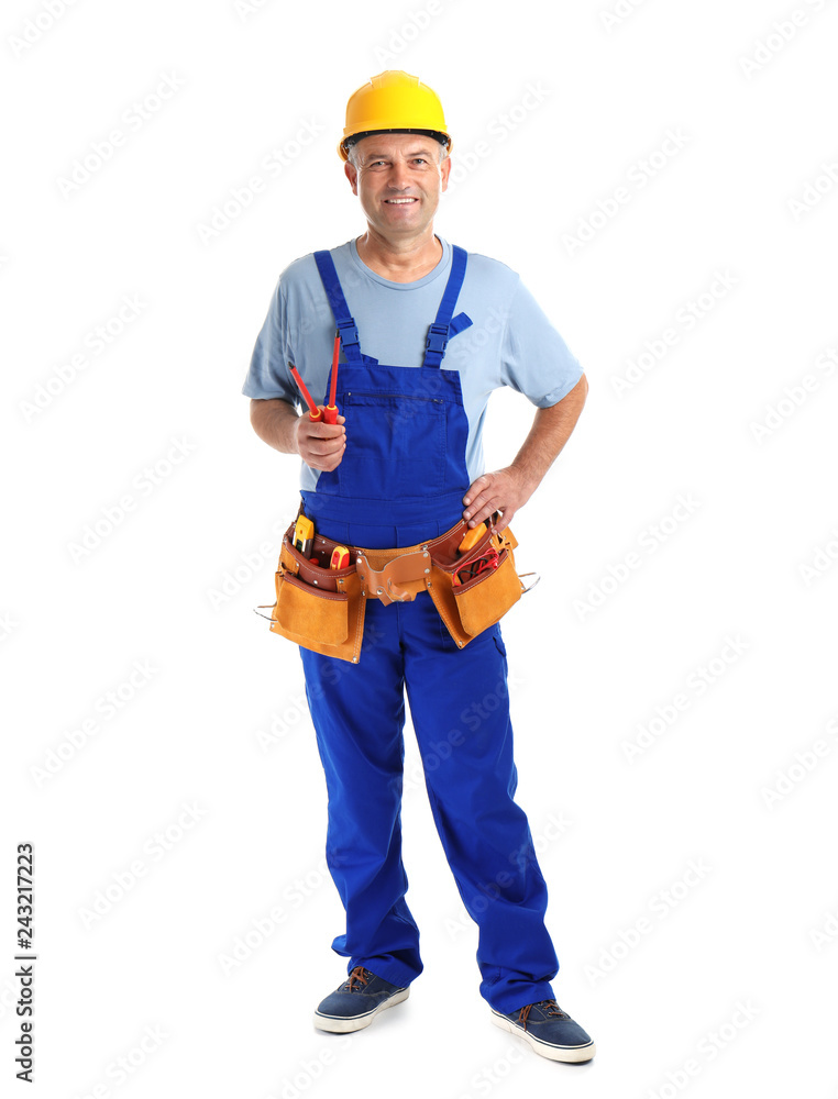 Electrician with tools wearing uniform on white background Electrician with tools wearing uniform on white background