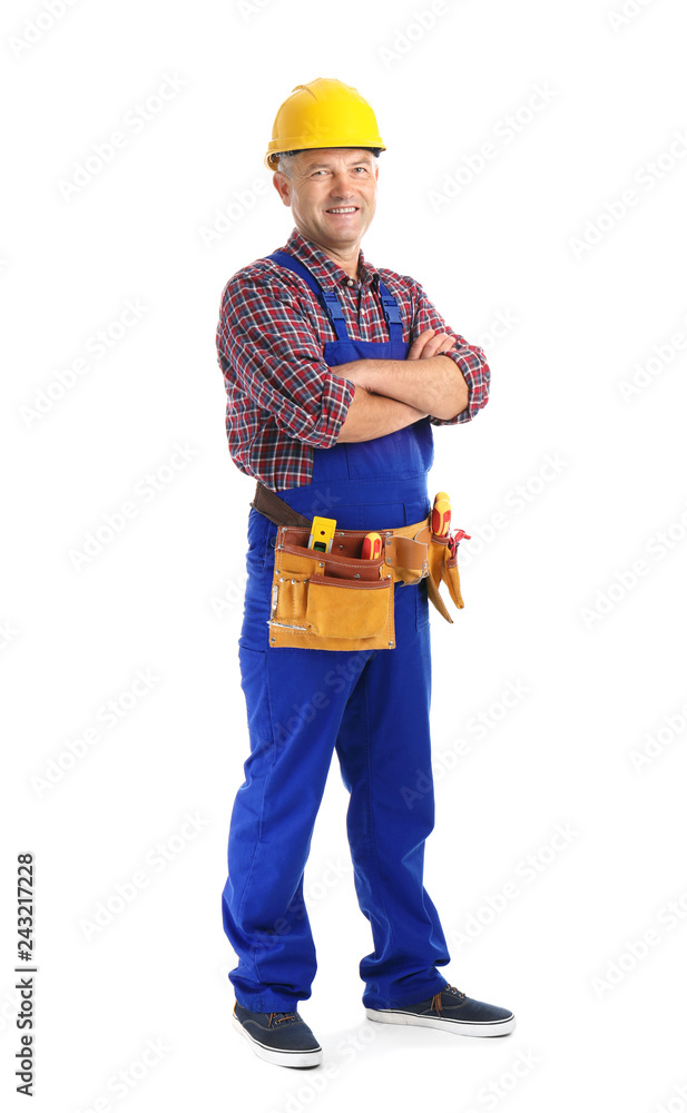Electrician with tools wearing uniform on white background Electrician with tools wearing uniform on white background
