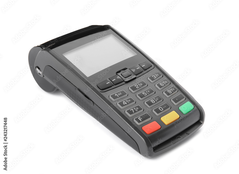 New modern payment terminal on white background New modern payment terminal on white background