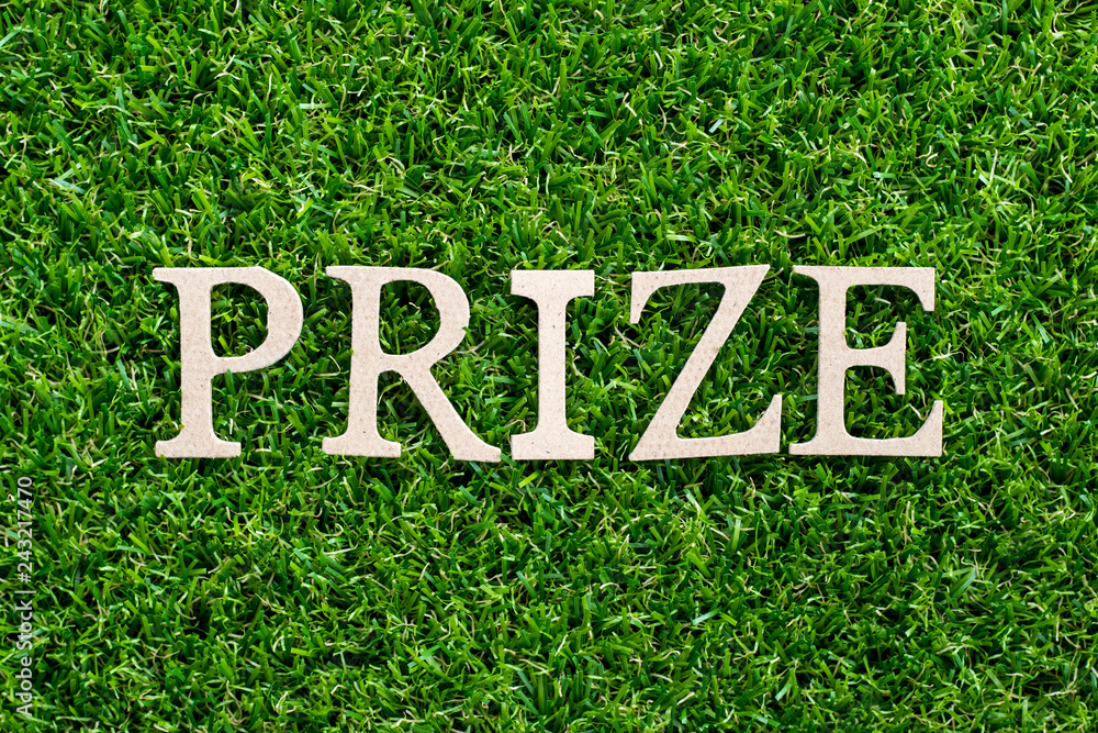 Wood letter in word prize on artificial green grass background