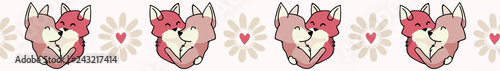 Vector cute fox hug hearts. Seamless repeat border. Hand drawn 2 foxy animals hugging inside love heart for romantic valentines day, wedding or pet anniversary banner ribbon. Free hug concept.