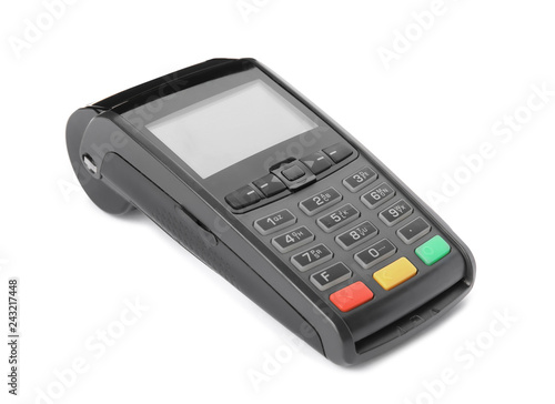 New modern payment terminal on white background