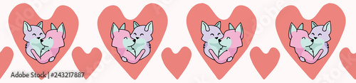 Vector cute fox hug hearts. Seamless repeat border. Hand drawn 2 foxy animals hugging inside love heart for romantic valentines day, wedding or pet anniversary banner ribbon. Free hug concep