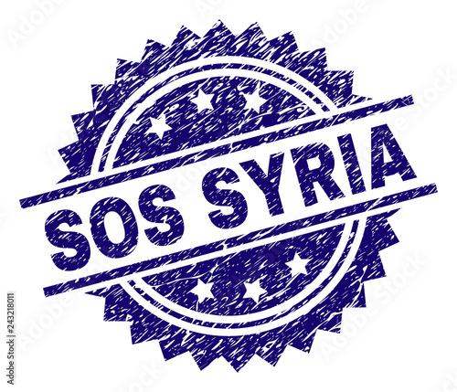 SOS SYRIA stamp seal watermark with distress style. Blue vector rubber print of SOS SYRIA text with retro texture.