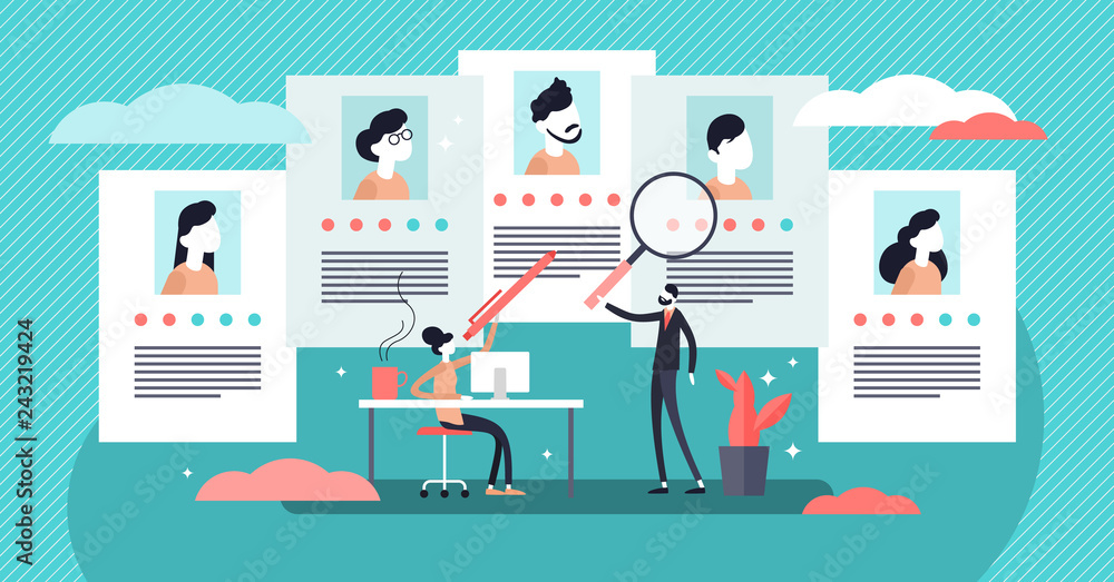 Job agency vector illustration. Tiny employee headhunters persons concept.