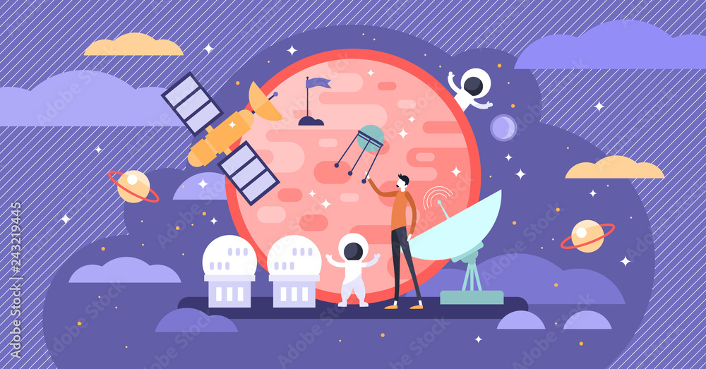 Fototapeta premium Space exploration vector illustration. Flat tiny astronaut person concept.