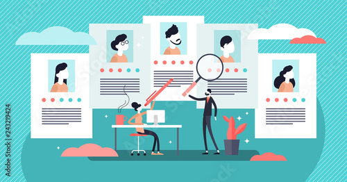 Job agency vector illustration. Tiny employee headhunters persons concept.