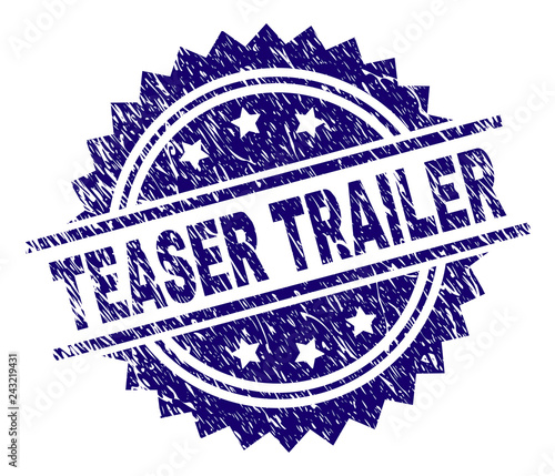 TEASER TRAILER stamp seal watermark with distress style. Blue vector rubber print of TEASER TRAILER text with corroded texture.