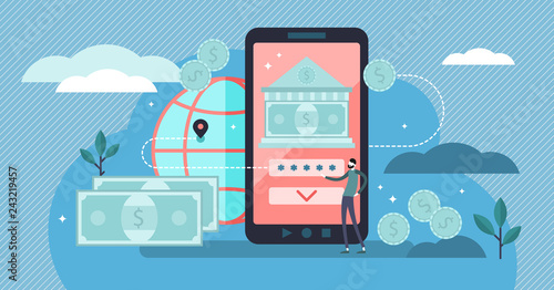 Online banking vector illustration. Flat tiny money transfer person concept