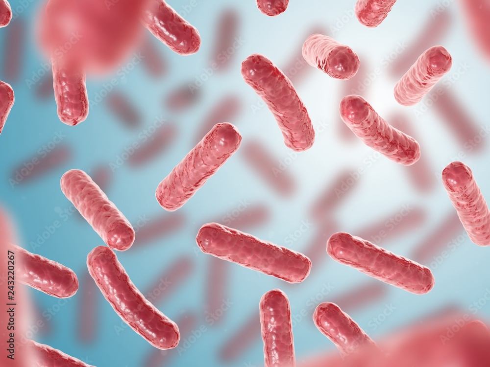 Bacteria on blue background. 3d illustration. Escherichia coli rods. Bacteria on blue background. 3d illustration. Escherichia coli rods.