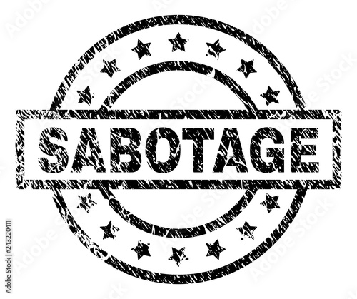 SABOTAGE stamp seal watermark with distress style. Designed with rectangle, circles and stars. Black vector rubber print of SABOTAGE tag with dust texture.