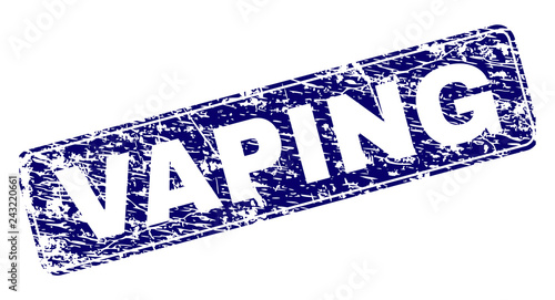 VAPING stamp seal watermark with grunge style. Seal shape is a rounded rectangle with frame. Blue vector rubber print of VAPING label with grunge style.