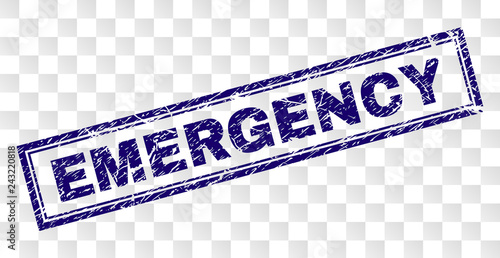 EMERGENCY stamp seal print with rubber print style and double framed rectangle shape. Stamp is placed on a transparent background. Blue vector rubber print of EMERGENCY tag with dust texture.