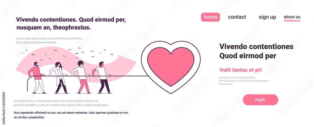 people group pulling rope big pink heart shape happy valentines day holiday concept men women team full length cartoon characters horizontal flat copy space vector illustration