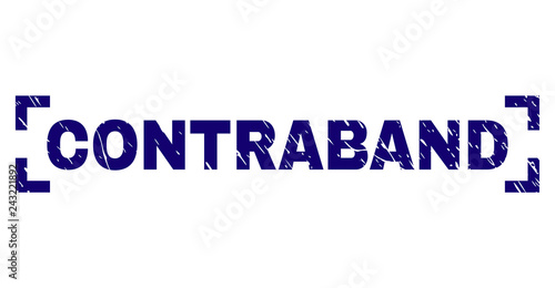CONTRABAND title seal stamp with grunge texture. Text tag is placed inside corners. Blue vector rubber print of CONTRABAND with grunge texture.