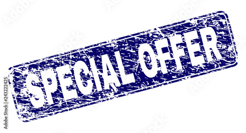 SPECIAL OFFER stamp seal print with grunge style. Seal shape is a rounded rectangle with frame. Blue vector rubber print of SPECIAL OFFER caption with grunge texture.