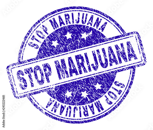 STOP MARIJUANA stamp seal watermark with grunge effect. Designed with rounded rectangles and circles. Blue vector rubber print of STOP MARIJUANA title with grunge texture.
