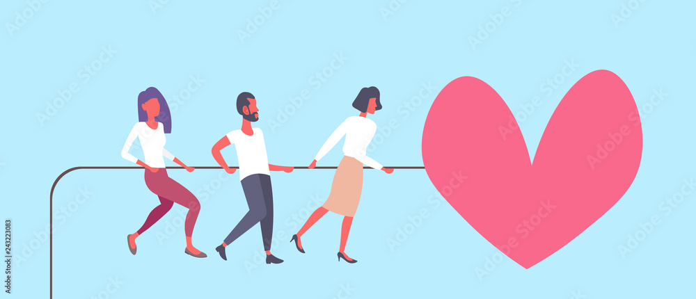 People pulling rope big pink heart shape People pulling rope big pink heart shape