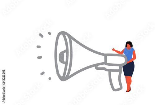 businesswoman holding megaphone loudspeaker business woman announcer digital marketing concept female cartoon character full length sketch doodle isolated