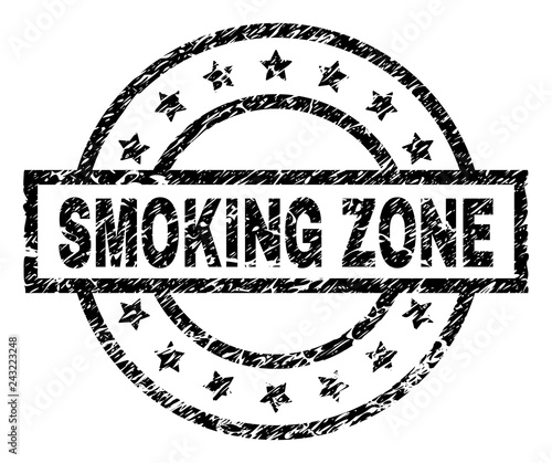 SMOKING ZONE stamp seal watermark with distress style. Designed with rectangle, circles and stars. Black vector rubber print of SMOKING ZONE label with scratched texture.