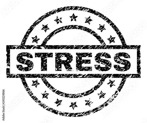 STRESS stamp seal watermark with distress style. Designed with rectangle, circles and stars. Black vector rubber print of STRESS tag with corroded texture.