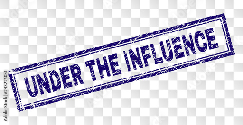 UNDER THE INFLUENCE stamp seal imprint with rubber print style and double framed rectangle shape. Stamp is placed on a transparent background.