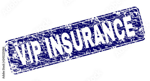 VIP INSURANCE stamp seal print with grunge style. Seal shape is a rounded rectangle with frame. Blue vector rubber print of VIP INSURANCE text with grunge style.