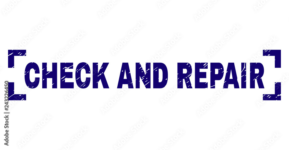 CHECK AND REPAIR caption seal stamp with grunge texture. Text label is placed inside corners. Blue vector rubber print of CHECK AND REPAIR with grunge texture. CHECK AND REPAIR caption seal stamp with grunge texture. Text label is placed inside corners. Blue vector rubber print of CHECK AND REPAIR with grunge texture.