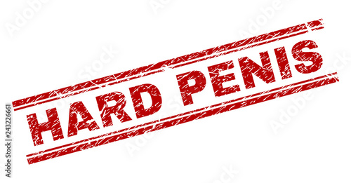 HARD PENIS seal print with grunge style. Red vector rubber print of HARD PENIS caption with grunge texture. Text caption is placed between double parallel lines.