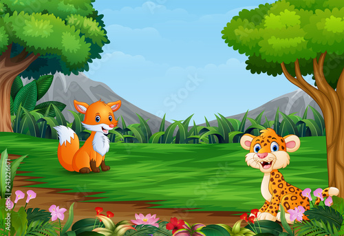 Cartoon of leopard and a fox playing in the jungle