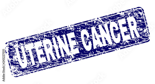 UTERINE CANCER stamp seal print with grunge style. Seal shape is a rounded rectangle with frame. Blue vector rubber print of UTERINE CANCER label with grunge style.