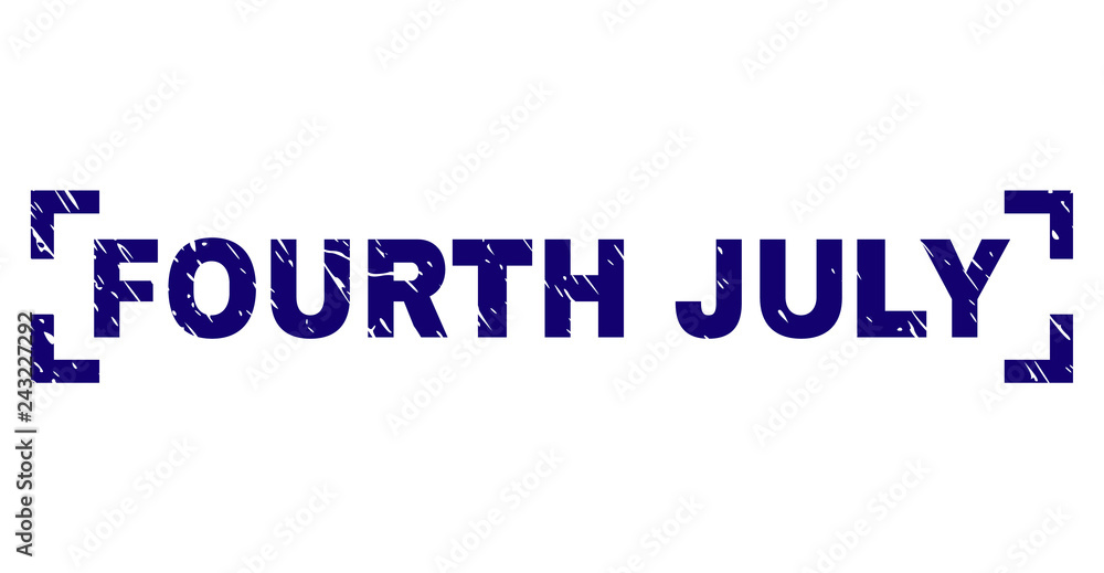 FOURTH JULY text seal print with grunge texture. Text label is placed between corners. Blue vector rubber print of FOURTH JULY with unclean texture.