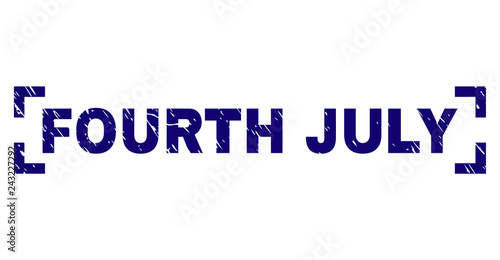 FOURTH JULY text seal print with grunge texture. Text label is placed between corners. Blue vector rubber print of FOURTH JULY with unclean texture.