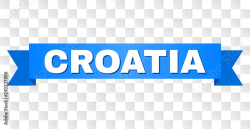CROATIA text on a ribbon. Designed with white caption and blue tape. Vector banner with CROATIA tag on a transparent background.