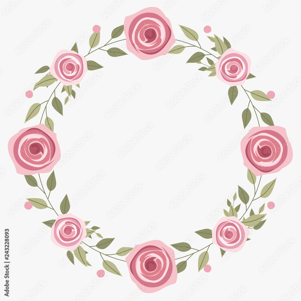 Floral greeting card and invitation template for wedding or birthday anniversary, Vector shape of text box label and frame, Rose flowers wreath ivy style with branch and leaves.