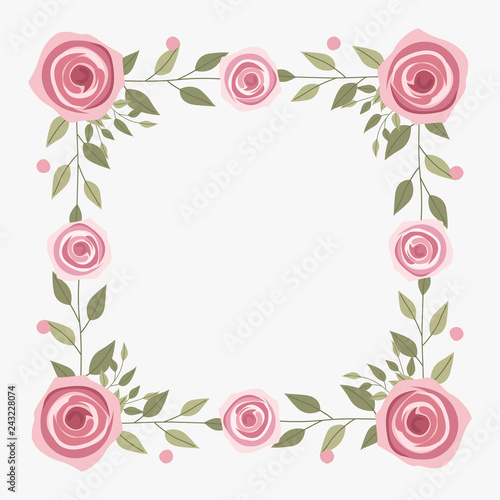 Floral greeting card and invitation template for wedding or birthday anniversary, Vector shape of text box label and frame, Rose flowers wreath ivy style with branch and leaves.